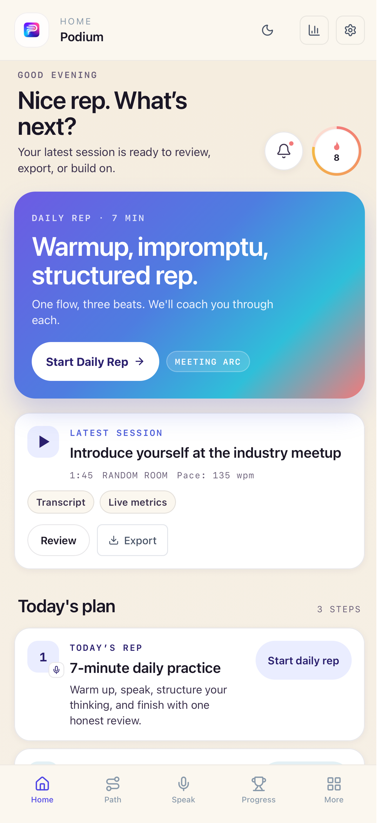 Podium home screen with a daily practice plan