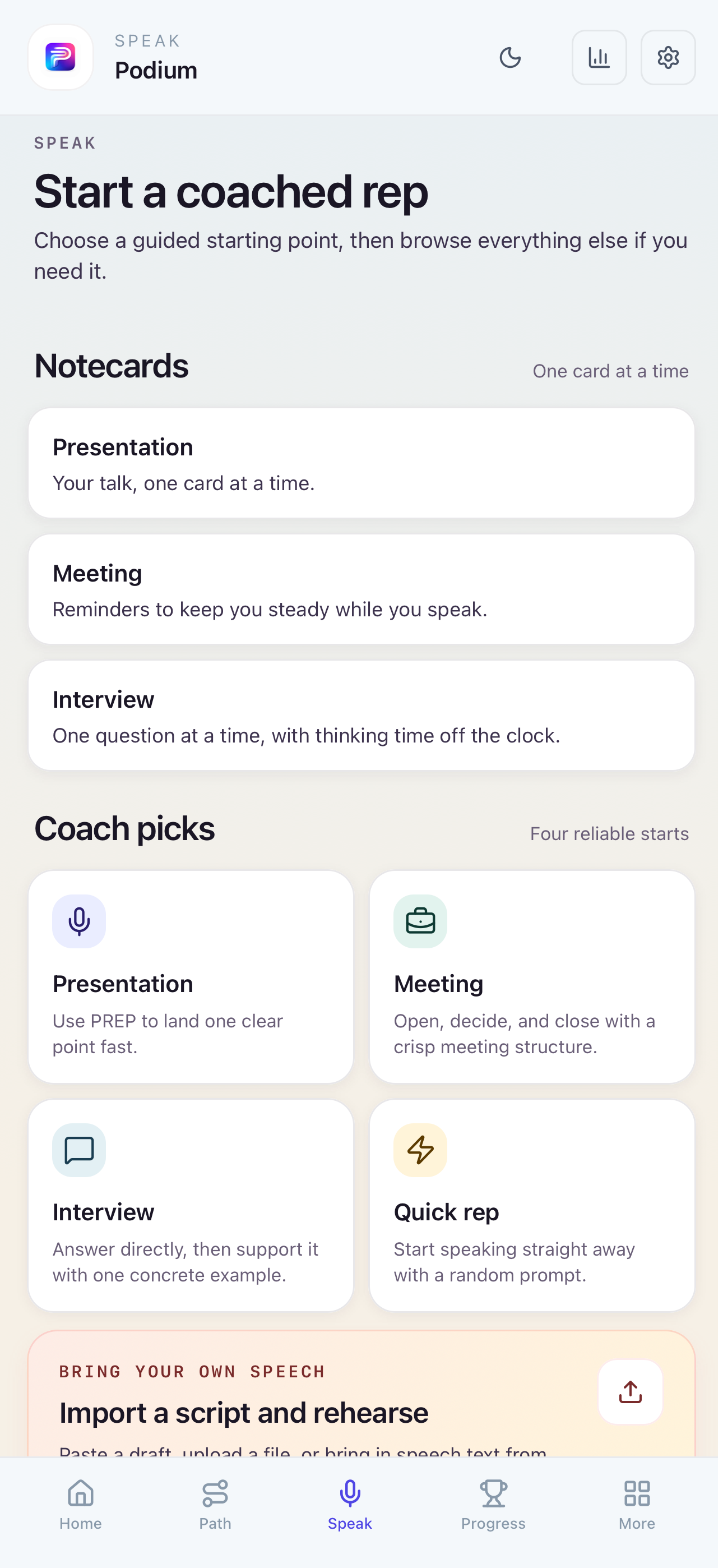 Podium speaking practice selector